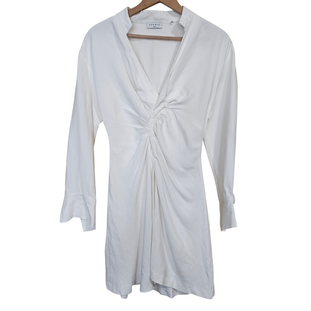 Sandro Paris Celia Mini Dress XS Womens White V-Neck Ruched Front Long Sleeve - Picture 2 of 10